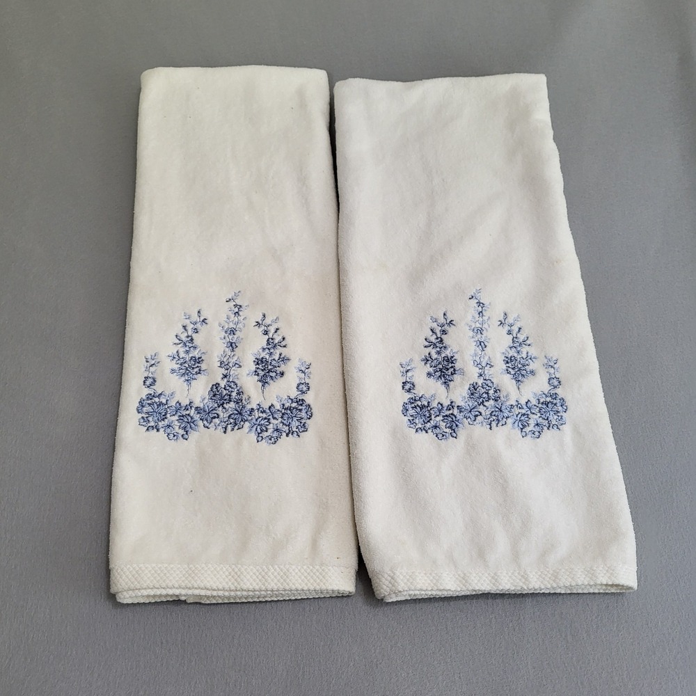 VTG Pair Laura Ashley Embroidered Blue Floral Bath Towel Made In USA Set Of 2